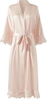 Women's Long Bride Bridesmaid Robes with Lace Trim Embroidery Bridal Silky Satin Kimono Wedding Party Bathrobe