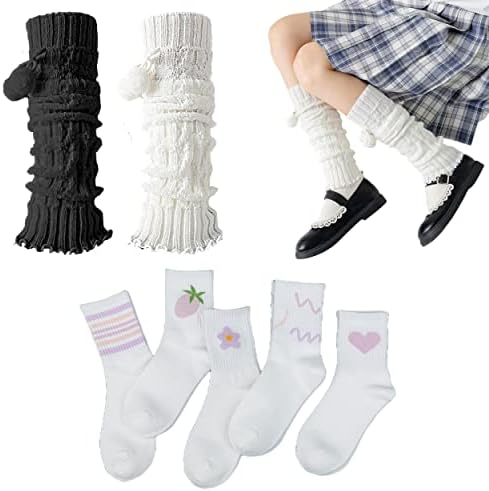 2 Pairs Leg Warmers Japanese Kawaii Leg Warmers for Women Knit Black White Leg Warmers Y2K Bundle With 5 Pairs White Crew Socks, Color Changing Ankle High Cotton Athletic Socks For Women & Girls