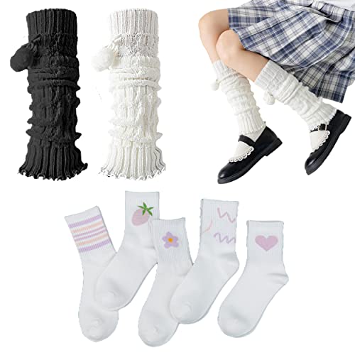 2 Pairs Leg Warmers Japanese Kawaii Leg Warmers For Women Knit Black White Leg Warmers Y2K Bundle With 5 Pairs White Crew Socks, Color Changing Ankle High Cotton Athletic Socks For Women & Girls #TOP15
