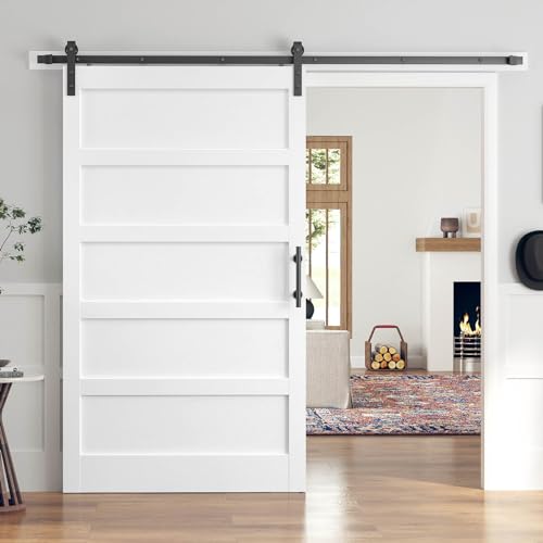 ROYMELO 48x84 Inch White Sliding Barn Door Slab with 8ft Hardware Kit Included 5-Panel MDF Wood Panel Covered with Water-Proof Scratch-Proof PVC Surface Simple DIY Assembly