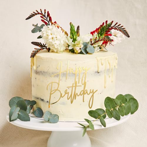 Tyqour Akrylowa dekoracja ciasta, topper na tort, urodziny, złoty, Happy Birthday, dekoracja tortu, brokat, dekoracja na tort, urodziny, lustro, akrylowa, dla kobiet, dziewcząt, mężczyzn, chłopców