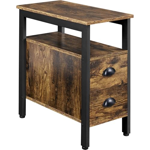 Yaheetech End Table, Side Table with 2 Drawer, Sofa Side Table with Storage Cabinet, Slim Bedside Table for Bedroom/Living Room/Small Space, Vintage Style, 59.5x29.5x61cm, Rustic Brown