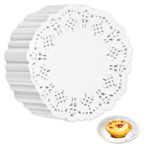 Alaoo Ronda Encaje Papel,250PCS Tapetes de Encaje Desechables,Encaje Papel Redondas Decorativos para Postres Galletas Productos Horneados Bodas Fiesta Cumpleaños Vajilla Decoración 3,5'