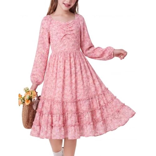 Girls Fall Long Sleeve Floral Dress Casual Ruffle Smocked Dresses Size 7-14