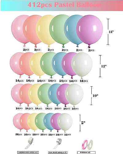 Image of 412pcs Pastel Balloon Garland Arch Kit 18 12 10 5 Inch Different Sizes Macaron Assorted Colors Balloon Latex Colorful Balloons for Baby Shower Girls Birthday Wedding Easter Rainbow Party Decoration