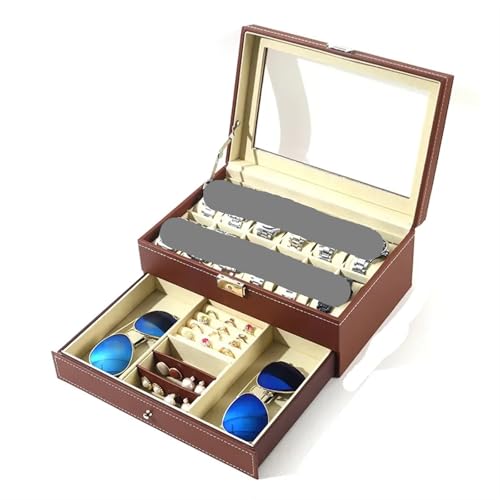 ZYAYNG Caja expositora de relojes con 12 ranuras, de piel sintética, con cerradura, para hombres y mujeres, caja organizadora de 2 niveles para relojes (marrón)
