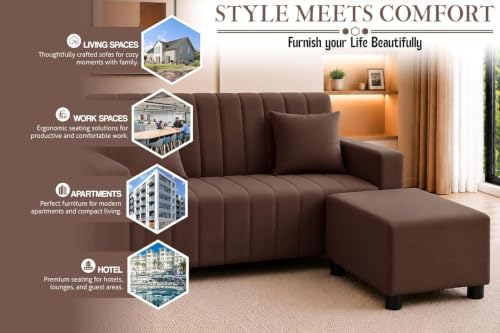 Image of Rosebell 2 Seater Sofa Set with Ottoman | Living Room Couch | with Printed Cushions | Sofa for Home, Office & Apartment-Brown Color