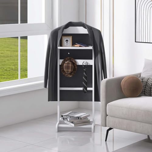 Wood Mens Valet Stand,Freestanding Suit Stand&Clothes Butler Valet Stand with Hanger,Tie&Belt Hooks,Shoe Rack,Storage Organizer for Keys,Watches,Wallet,Jewelry in Entrance,Bedroom (Style1, White) - Thumbnail 3