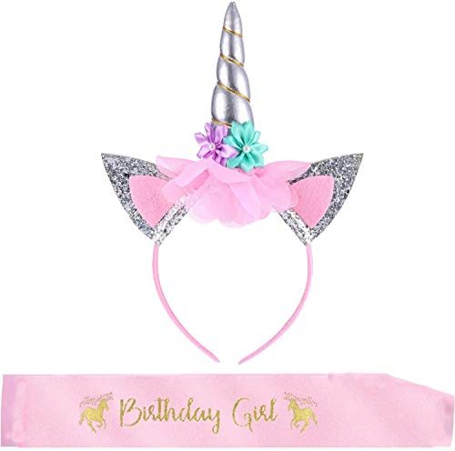 Nv Wang Diadema de unicornio, diadema de unicornio y cinturón de cumpleaños de niña bolso de...