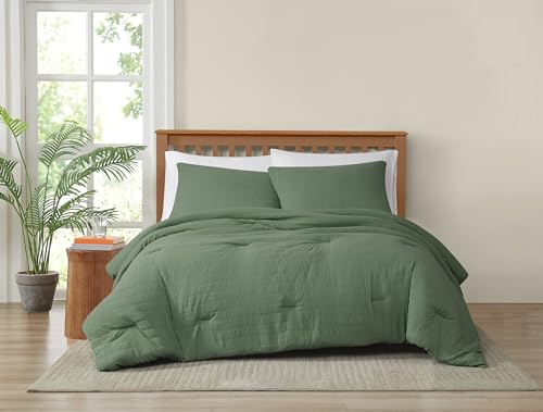 TRULY SOFT Crinkle Garment Wash Green Full/Queen 3 Piece Comforter Set, Solid Color Themed, Oeko-TEX Certified Confidence