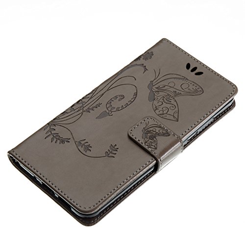 SpiritSun Coque Huawei Y6 2017, Housse Huawei Y6 2017 Fleur et Papillon Élégant Housse Portefeuille en Cuir Folio Flip Etui Housse de Protection [Anti Choc] pour Huawei Y6 2017 / Y5 2017-Gris