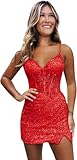 Loyeloy red Short Prom Dresses for Women 2024 Sparkly Seuqin Sexy V Neck Homecoming Dress for Teens Short Corset Evening Cocktail Gown US4