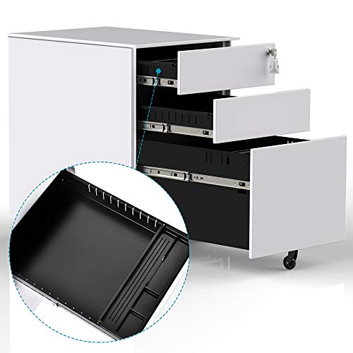 3 Drawers Mobile File Cabinet With Lock, Under Desk File Cabinet With Wheels, Fully Assembled (White) #TOP3