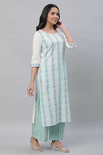 Image of Aurelia Women's Spermint Pure Cotton Straight Kurta, Palazzos, Dupatta Suit Set