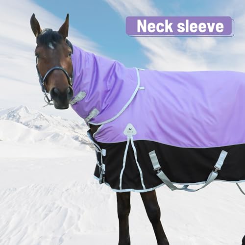 Image of Premium 1600D Waterproof Horse Turnout Blanket with Detachable Neck Winter Medium Weight, 400g Warm Cotton Filling Premium Turnout Horse Blanket with Detachable Neck Cover