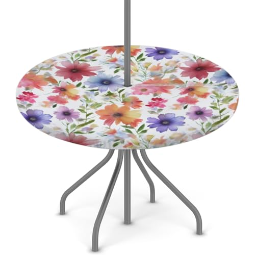 Round Fitted Tablecloth with Umbrella Hole Colorful Seasonal Flower Outdoor Fitted Tablecloth with Zipper Round Elastic Table Cover 36"- 44" Outdoor Patio Table Cloth for Picnic Beach