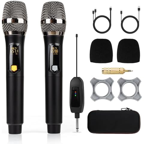 Soundgeek Rechargeable Wireless Microphone, Two Cordless UHF Mics Plug and Play for Karaoke Singing, Lecture, Wedding Host, Church, Stage Performance(Black) Cover