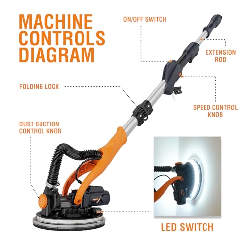 Miniatura 9 de Lijadora Jirafa Maxxt 820w: Plegable Con Tubo De Extensión 110 Cm 165 Cm , Velocidad Ajustable 600-1900 Rpm , Led, Borde Lateral Desmontable, 6 Tipos De Papel De Lija Para Paredes Y Techos