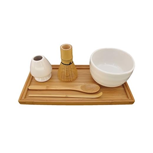 BambooMN Brand - Matcha Bowl Set (Includes Bowl, Rest,Tea Whisk, Chasaku, Tea Spoon & Tray) 1 Set White