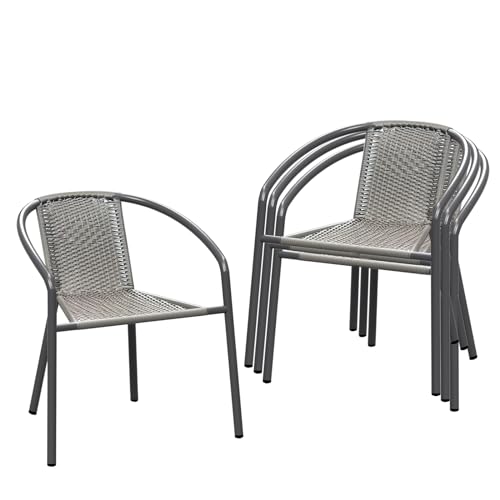 TANGJEAMER 4 Pack Patio Stackable Rattan Chairs, Indoor-Outdoor Restaurant Wicker Dining All-Weather Armchair Stack Chair, Grey