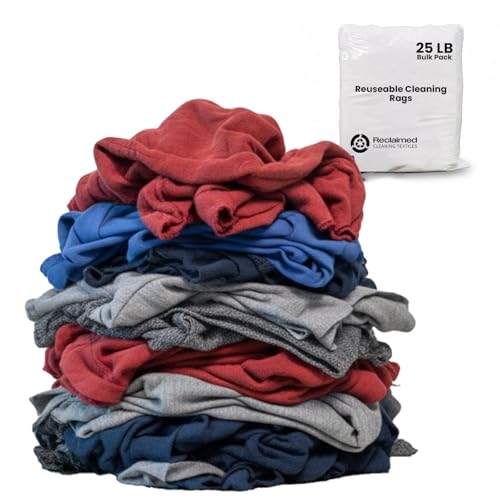 25 LB Recycled T-Shirt Cloth Rags Bundle, Multi Color Cleaning Rags for Paint Spills, Polishing, Dusting & Staining, Prewashed Absorbent, Reclaimed Recycled Material