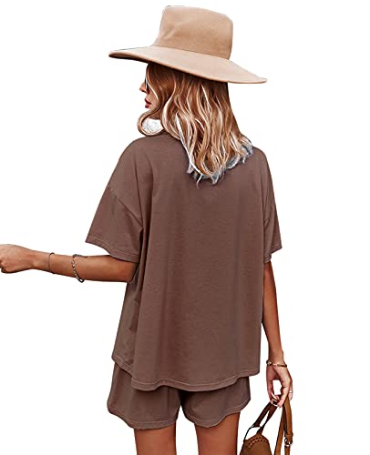 CORSKI Women's Short Sleeve Loose Top and Pants Pajama Sets 2 Piece Jogger Shorts Sleepwear Loungewear Pjs Sets Coffee XL