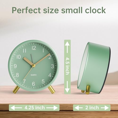 Image of JALL Analog Alarm Clock, 4 inch Super Silent Non Ticking Small Clock with Night Light, Battery Operated, Simple Design, Easy Setting for Office, Bedroom, Bedside, Desk, Teens, Elders, Adult, Green