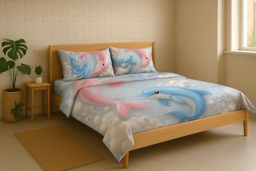 Image of King Size 7D Digital Print Bedsheet - 350 TC Cotton, Kids Friendly Design, Soft & Breathable 180 GSM Fabric, Machine Washable, Gift-Ready Packaging. (108x108 Inches). (Dolphin)