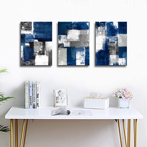 Qorvami Blue And Gray Abstract Wall Art For Living Room Wall Decor Modern Paintings Canvas Prints Framed Art Ready To Hang For Bathroom Bedroom Office Decor Artwork Print Size:12X16 Inch X 3 Piece #TOP2