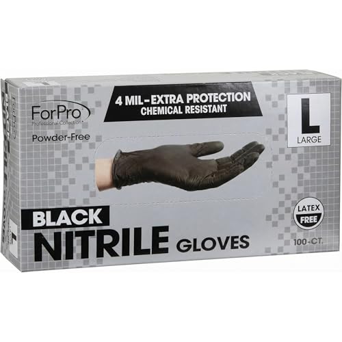 ForPro Professional Collection Disposable Nitrile Gloves, Chemical Resistant, Powder-Free, Latex-Free, Non-Sterile, Food Safe, 4 Mil, Black, Large, 100-Count