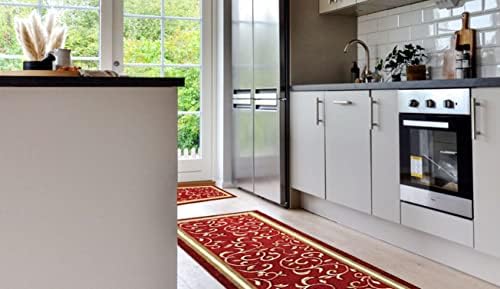 Gloria Non Slip Rubber Back Kitchen Rug Kitchen Runner Kitchen Mat Carpet for Kitchen Anti Slip Stair Treads (Red, Kitchen Set (20"x59" and 20"x30"))