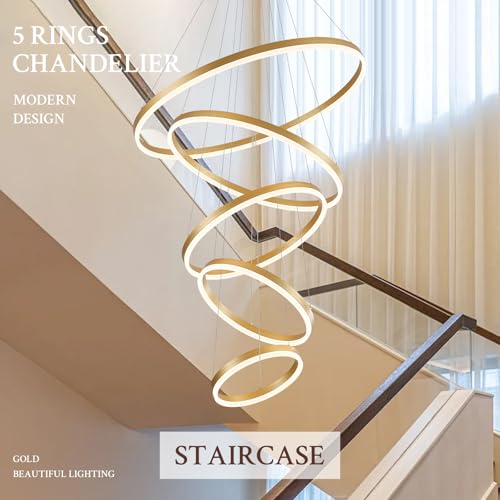 Sparklelf 5-Rings D31.5in Modern LED Chandelier Gold Dimmable High Ceiling Chandeliers Foyer with Remote Control for Entryway Living Room Dining Room Staircase, 3000K-6500K by Sparklelf - Image 8