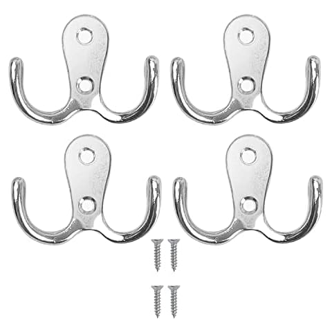 Double Prong Coat Hook Robe Hooks Dual Coat Hooks Wall Mounted Hanging Clothes Metal Door Hooks for Bathroom Bedrooms Hanging Clothes Robe Towel Kitchen (Sliver) - 4PCS Cover