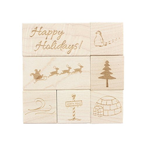 ExcelMark Holiday Engraved Wood Rubber Stamp Set - 7 Pieces