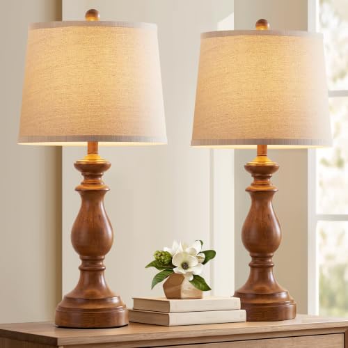 Image of PARTPHONER Traditional Table Lamp Set of 2, Rustic Farmhouse Table Lamps for Living Room Bedroom, 27 inch Bedside Desk Lamps Vintage Nightstand Lamps with Linen Shades, Wood Grain