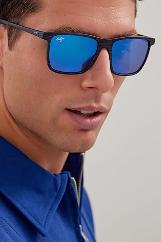 Maui Jim Men\'s and Women\'s One Way Polarized Rectangular Sunglasses, Dark Navy Stripe/Blue Hawaii, Large