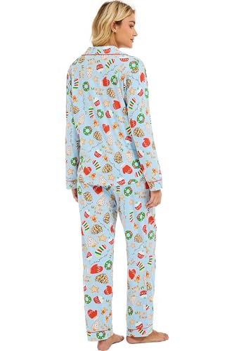 Image of LUBOT Christmas Pajamas for Women 100% Cotton Pajama 2 Piece PJ Set Soft Long Sleeve Button Xmas Print Loungewear XS-XXL