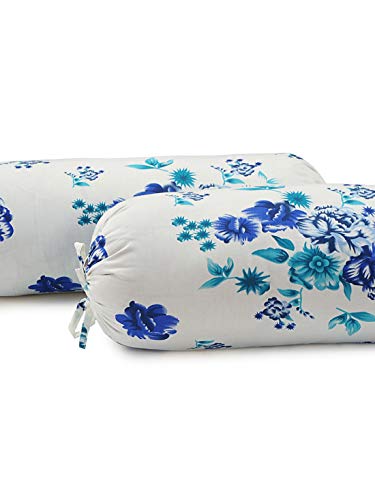 Image of Swayam Set of 2 Pure Cotton Bolster Cover | 30x30 Inch | Soft Breathable Masnad Cover 160TC | Durable & Washable | Floral Print Bolster Cover for Diwan, Bed & Sofa - Blue & White