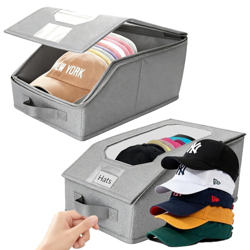 2 Pcs Stackable Baseball Cap Organizer, Washable Foldable Oxford Cloth, Smooth Durable Metal Zipper Hat Storage Holder for Closet, Holds 24 Caps with Large Clear Window, Hat Box for Home Storage by PCEEL - Used condition - US$17.03