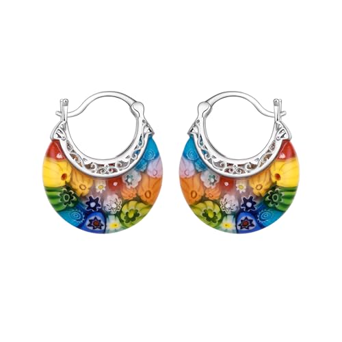 Crysdue Murano Style Glass Colorful Hoop Earrings, Trendy Daisy Artistic Boho Multicolor Earring Millefiori Flower Jewelry for Women Summer Beach