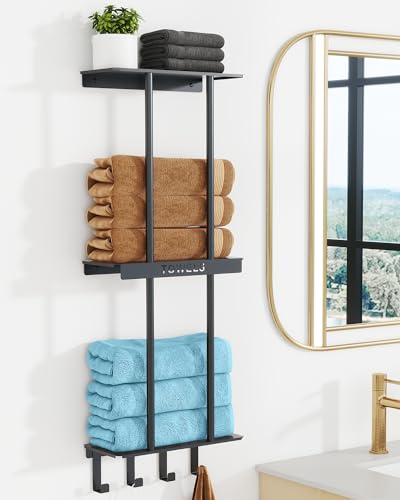 DOKU HOME Towel Rack Wall Mounted, Bathroom Towel Storage with Shelf & 4 Hooks, 90cm Wall Mounted Towel Holder, Black Towel Rack