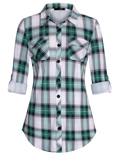 Womens soft stretch plaid shirt with roll-up sleeves