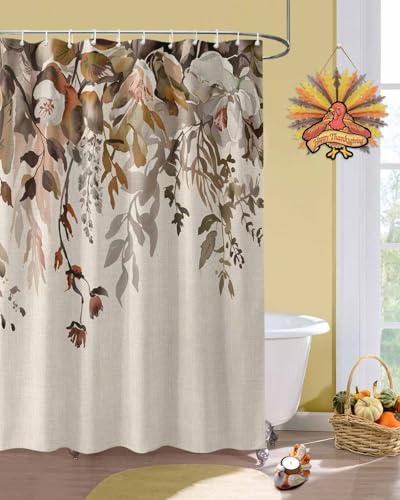 Vintage Leaves Shower Curtain Waterproof, Farmhouse Botanical Floral Burlap Shower