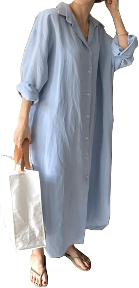 Kmazn ロングシャツワンピース シャツ ワンピース 白 黒 カーキ 茶色 ブラウン 水色 ブルー 羽織り カジュアル 韓国ファッション シンプル レディース ラフ ワンピ ロング丈 マキシ丈 長袖 体型カバー 年末のプロモーション大特価 ママコーデ