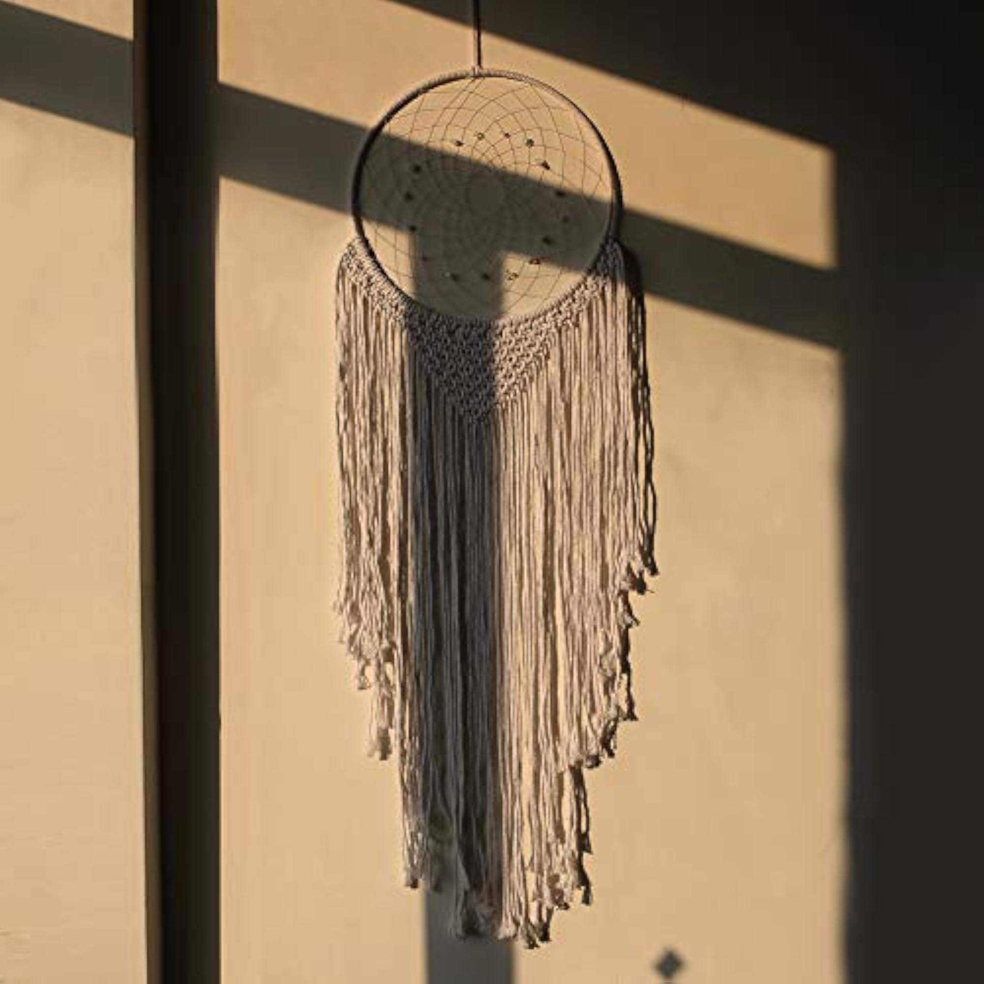Large Boho Dream Catcher with White Feather, Macrame Decor
