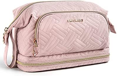 BAGSMART Travel Makeup Bag, Cosmetic Bag Make Up Organizer Case, Large Wide-open Pouch for Women Double Layers Purse for Toiletries Accessories Brushes (Pink)