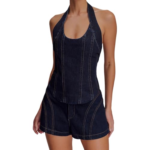 Fuguibadn Women Summer 2 Piece Denim Outfit Sleeveless Button Down