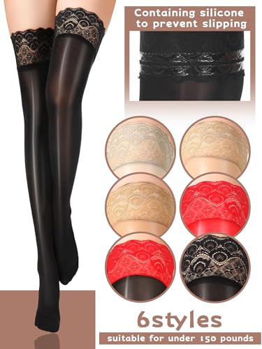 6 Pairs Women's Oil Shiny Thigh High Stockings Oil Silicone Lace Top over Knee Stockings Silky Socks for Women4