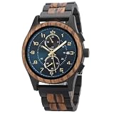 EBONY Mens Wooden Watch with Chronograph Quartz Movement Luminous Hands Date Display Running Second Sub Dial Custom Engraved Back and Wood Gift Box Analog Wood Wristwatch