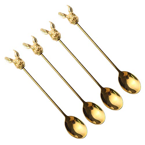 NYKK Cucharas Cabeza de los Ciervos Cuchara de café de Oro del té Cuchara de Mango Largo Cuchara de Postre, 4 PCS Cucharas para Cena (Color : Rabbit Head)